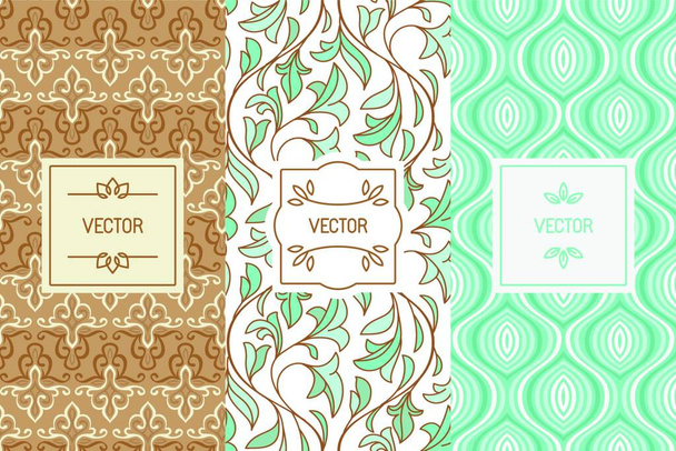 Vektor-Set Design-Elemente, nahtlose Muster und Etikettenvorlagen für Kosmetik und Beauty Produkt Verpackung oder Visitenkarte Hintergründe mit textfreiraum für Text in trendigen minimal linearen Stil mit floralen Ornamenten und frames - Vektor, Bild