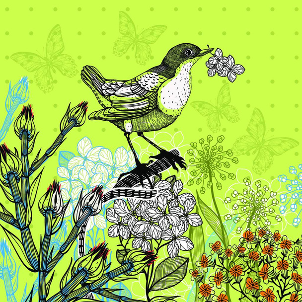 vector illustration of a bird and blooming flowers - Vektör, Görsel