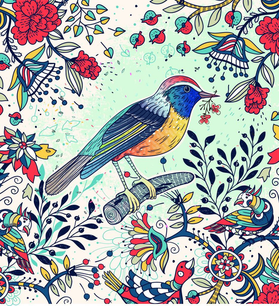 vector floral illustration of a colorful bird and fantasy flowers - Vektör, Görsel