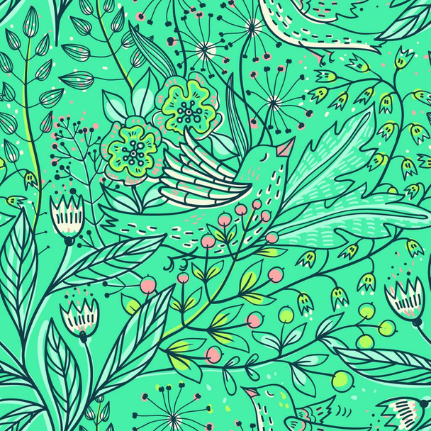 vector floral seamless pattern with fantasy birds and plants - Vektör, Görsel