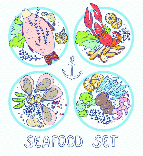 vector set of  hand drawn plates with sea food - Vektör, Görsel