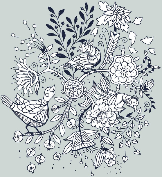 vector floral illustration of a fantasy tree with abstract birds and flowers - Вектор,изображение