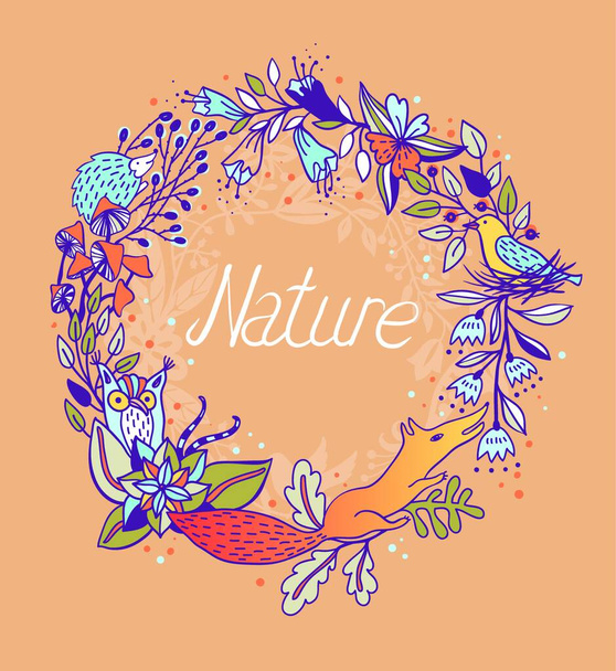 vector floral frame with blooming flowers and cute animals - Vecteur, image