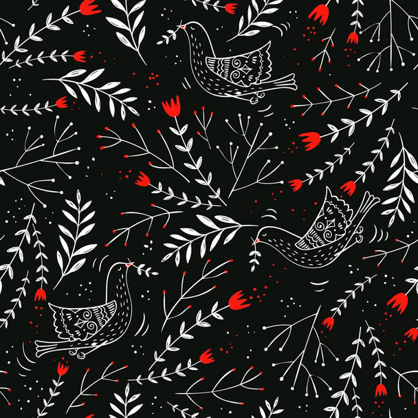 vector floral seamless pattern with tulips and birds - Διάνυσμα, εικόνα