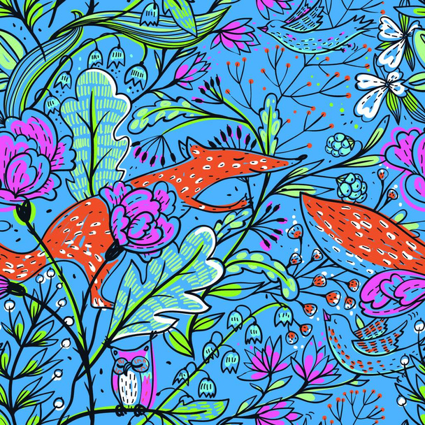 vector floral seamless pattern with blooming flowers and cute animals - ベクター画像