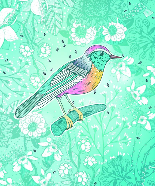 vector floral illustration of a bird on a vibrant blue background. eps10 format - Vetor, Imagem