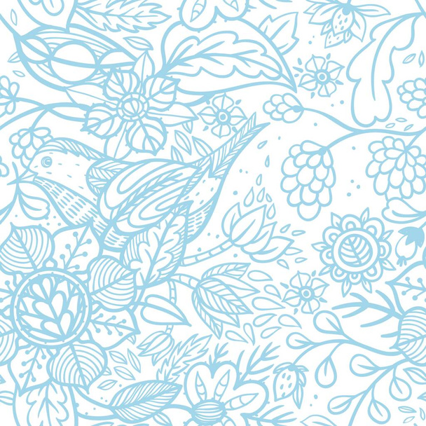 vector floral seamless pattern with cute birds and fantasy flowers - ベクター画像