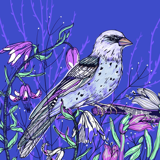 vector hand drawn illustration of a bird and spring blooming flowers on a violet background - Vector, imagen