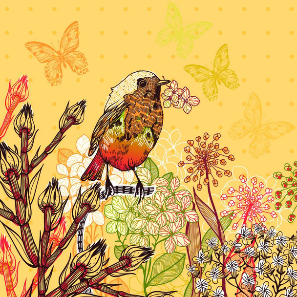 Векторная цветочная иллюстрация маленькой птицы и цветущих летних цветов - Вектор,изображение