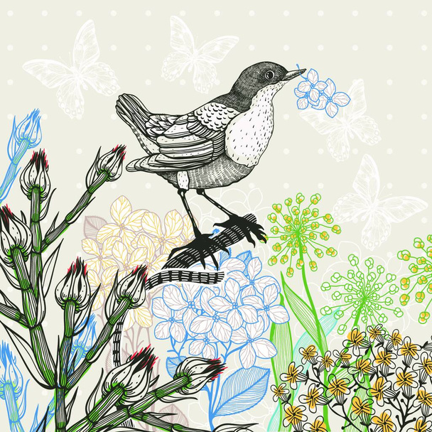 vector floral illustration of a little bird and blooming plants - Vektori, kuva