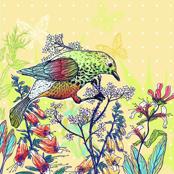 vector illustration of a forest bird and blooming flowers - Vetor, Imagem
