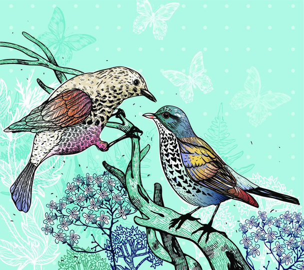vector illustration of two forest birds and blooming plants - Vecteur, image