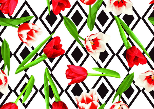 Seamless pattern with red and white tulips. Beautiful realistic flowers, buds and leaves. Seamless pattern with red and white tulips. Beautiful realistic flowers, buds and leaves. - Вектор, зображення