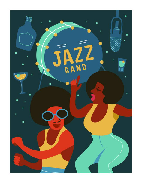 Poster music festival, retro party in the style of the 70s, 80s in the disco style. Couple with African hairstyles dancing disco. Vector illustration.. Poster music festival, retro party in the style of the 70&rsquo - Вектор, зображення