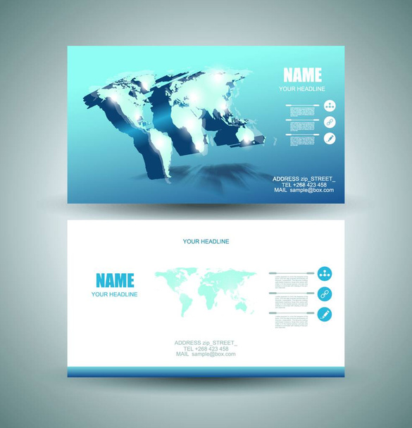 Business cards Design with 3d vector Light World map and pointer marks.  Vector Template layout. - Διάνυσμα, εικόνα