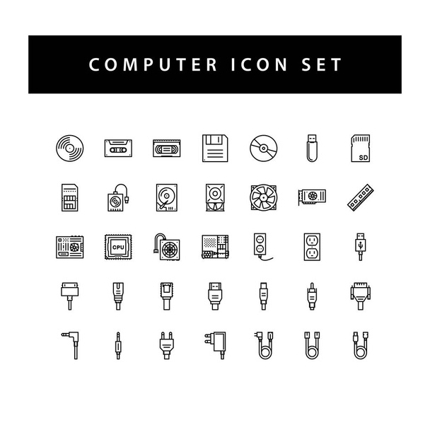 computer hardware icon set with black color outline style design. - Vetor, Imagem