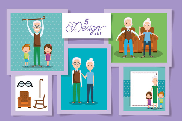 five designs of cute grandparents and grandsons - Vector, Image