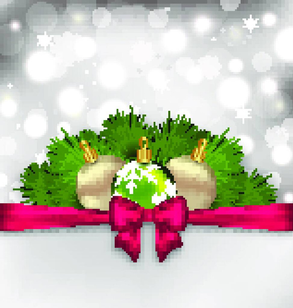 Illustration Christmas glowing card with fir branches and glass balls - vector. - Vettoriali, immagini
