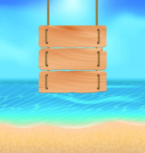 Illustration blank wooden sign on beach, natural seascape - vector - Διάνυσμα, εικόνα