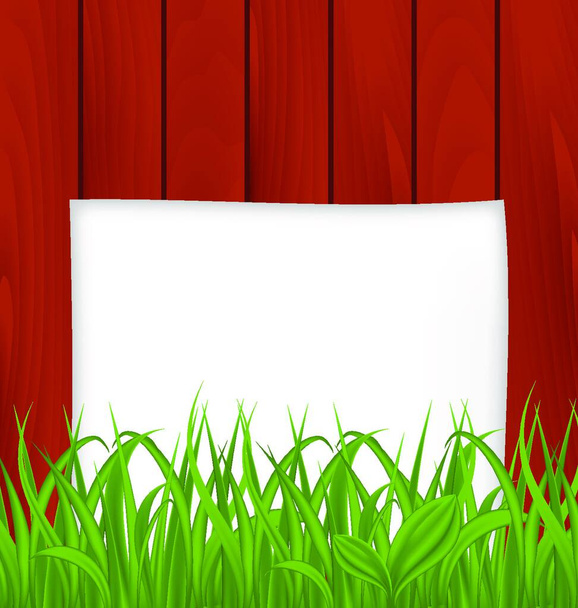 Illustration paper sheet and green grass on wooden texture - vector - Διάνυσμα, εικόνα