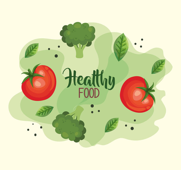 плакат здоровой пищи с помидорами и овощами
 - Вектор,изображение