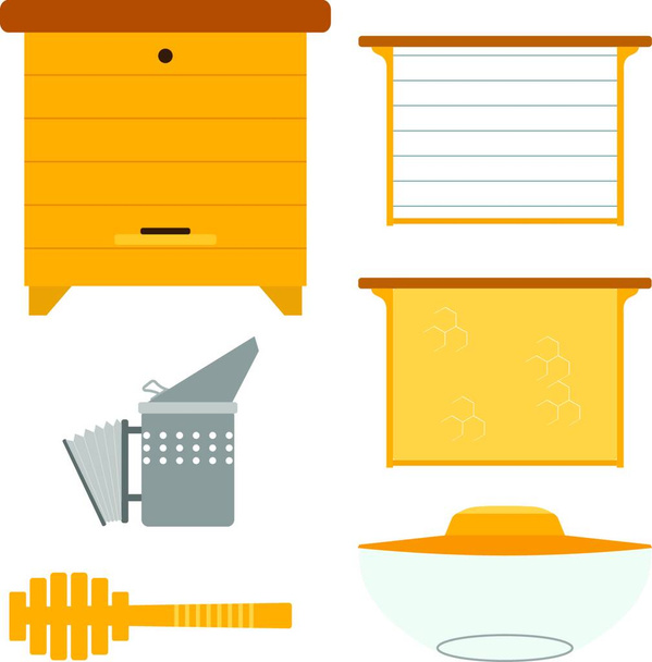 Set of objects for the production of honey. Items for the production of honey. Objects apiary: beehive frame with wax smoker mask. Vector symbols apiary. Stock vector - Vector, afbeelding