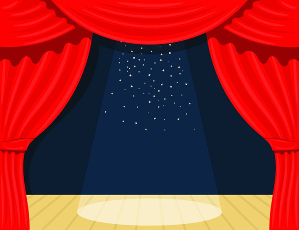 Cartoon theater. Theater curtain with spotlights beam and stars. Open theater curtain. - Вектор,изображение