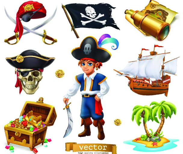 Pirates set. Boy, treasure chest, map, flag, ship, island. 3d cartoon vector icon - Vektor, obrázek
