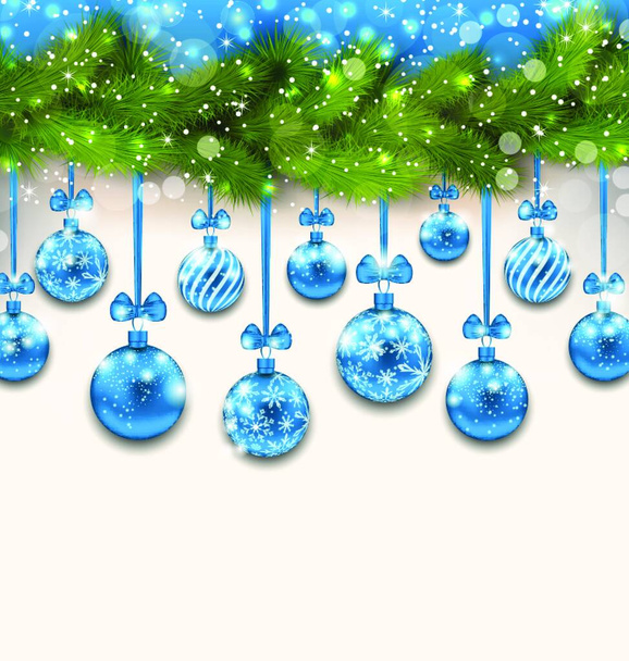 Illustration Shimmering Light Wallpaper with Fir Branches and Blue Glassy Balls for Happy Winter Holidays - Vector - Διάνυσμα, εικόνα
