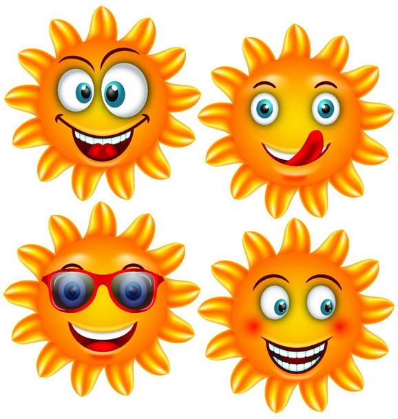 Set Smiling Sun Cartoon Characters. Illustration Set Smiling Sun Cartoon Characters. Positive Sunny Avatars Isolated On White Background - Vector - Vector, Imagen