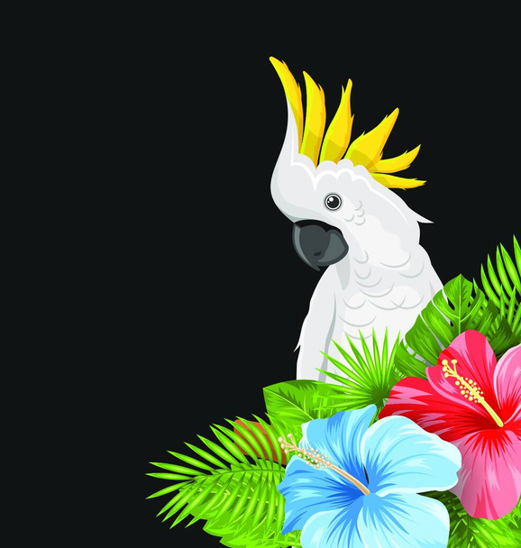 Parrot White Cockatoo with Colorful Hibiscus Flowers Blossom and Tropical Leaves. Parrot White Cockatoo with Colorful Hibiscus Flowers Blossom and Tropical Leaves, Exotic Background - Illustration Vector - Vetor, Imagem
