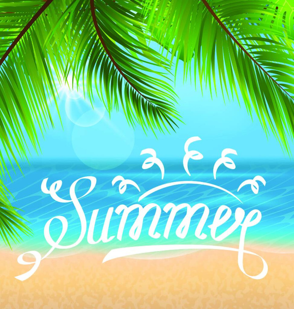 Exotic Background with Palm Leaves and Beach. Illustration Exotic Background with Palm Leaves and Beach. Lettering Text. Template of Poster for Summer Holidays - Vector - Vettoriali, immagini