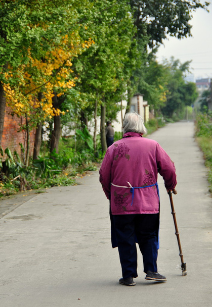 China: Old Woman Walking on Country Road - Photo, Image
