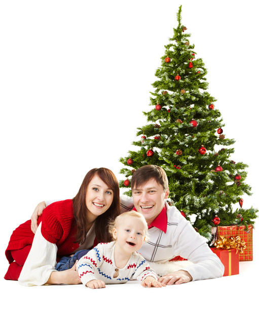 Christmas family funy baby under fir tree over white background - Foto, Bild