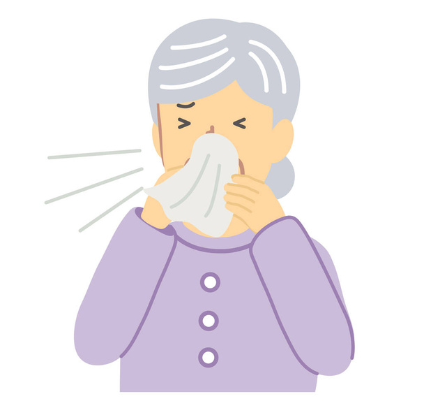 Ηλικιωμένη γυναίκα φυσάει μύτη με μωβ ρούχα - Διάνυσμα, εικόνα