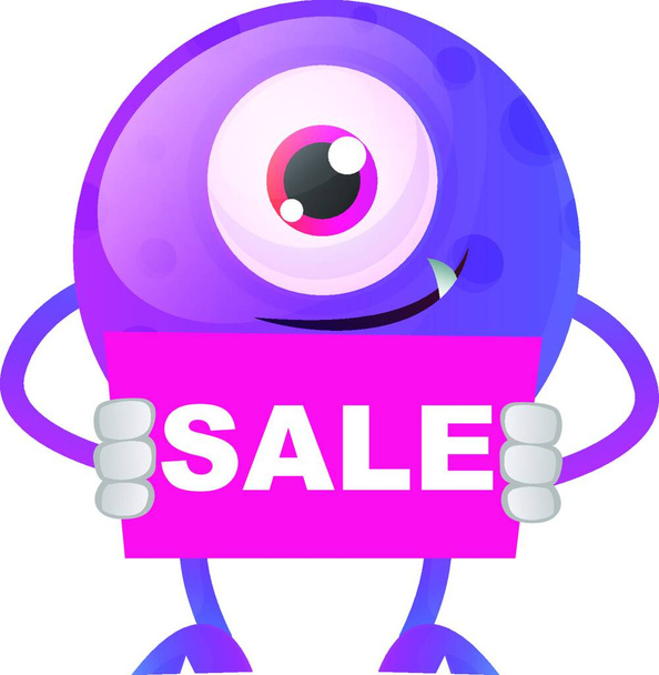 Purple monster holding pink sale sign illustration vector on white background - ベクター画像