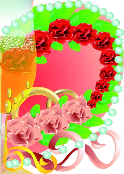 Wedding festive background with roses and hearts - Wektor, obraz