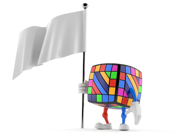 Oyuncak yapboz karakteri beyaz arka planda boş bayrak tutuyor. 3d illüstrasyon - Fotoğraf, Görsel