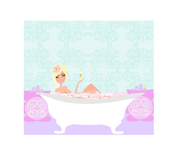 Woman bathing in bathtub in beautiful bathroom. - Vektor, kép