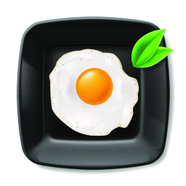 Fried eggs served on black square plate. Casual breakfast - Vetor, Imagem