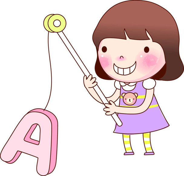 Portrait of girl holding alphabet A in fishing rod - Vector, Image