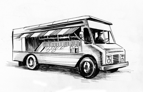 Camion alimentaire américain. Encre dessin noir et blanc - Photo, image