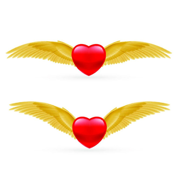 Two red hearts with golden yellow rwings. - Vektor, kép