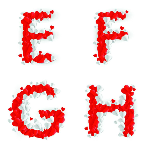 Letters E, F, G, H made of paper hearts - Vector, imagen