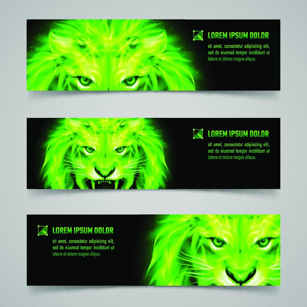 Set of banners with mystic lion in green flame - Vector, Image