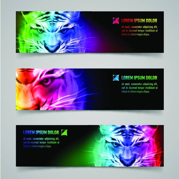 Set of banners with mystic tiger in multicolored flame - Wektor, obraz