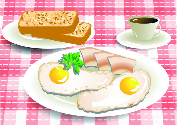 breakfast. cofee, eggs and bacon on checkered tablecloth - Vektor, obrázek