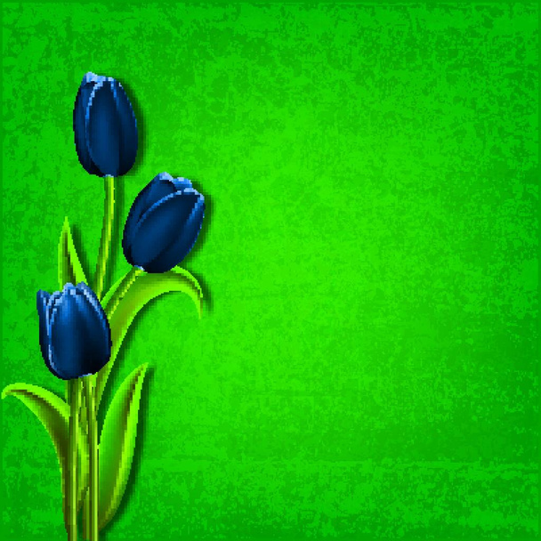 abstract floral green grunge background with blue tulips - Vector, imagen