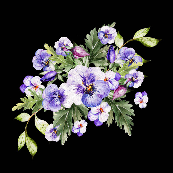 Watercolor colorful bouquet  with pansy flowers.  - Φωτογραφία, εικόνα