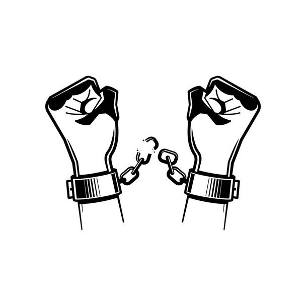 Black and white hand chain composition with hands of the prisoner breaking the chain vector illustration - Vector, Image